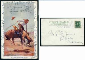 1907 Post Card - Cowboy on a Bucking Horse - Cheyenne, Wyoming to Oconto, WI