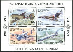 BIOT 140 ad sheet, MNH. Michel 140-143 Bl.4. Royal Air Force,75. Douglas Dakota,