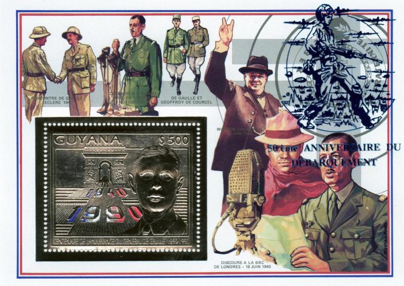 GUYANA De Gaulle-Churchill Gold s/s Blue Ovpt.Perforated mnh.vf