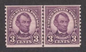 US Sc 600 MNH. 1923 3c violet Lincoln, Joint Line Pair, F-VF