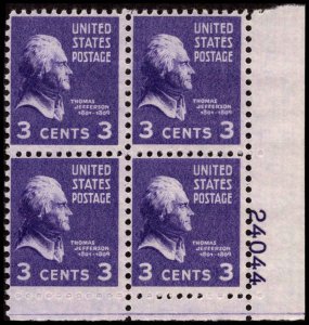 US #807 JEFFERSON MNH LR PLATE BLOCK #24044
