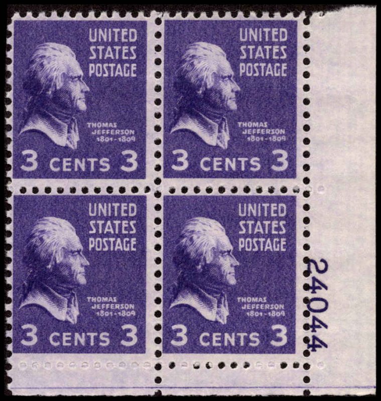 US #807 JEFFERSON MNH LR PLATE BLOCK #24044
