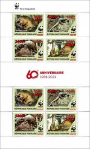 Togo - 2021 WWF 60 Years Animal Red - 8 Stamp Sheet - TG210250a1