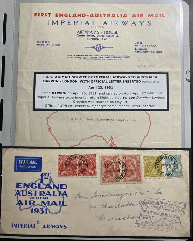 1931 Darwin Australia First Experimental Flight Cover To Manchester England