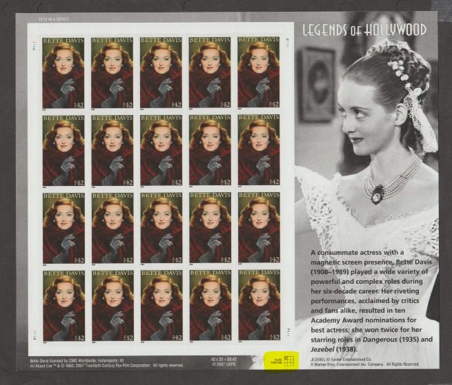 U.S. Scott #4350 Bette Davis Stamps - Mint NH Sheet - Highlighted UL Plate