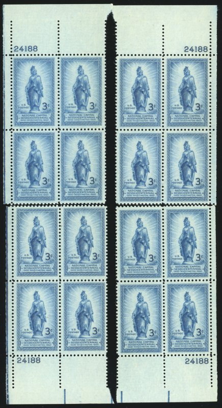 US Sc 989 VF/MNH MATCHED PLATE BLOCK SET - 1950 3¢ Freedom on Capitol Dome