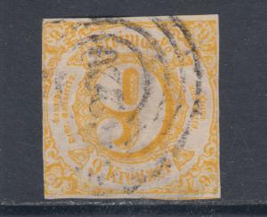 Thurn & Taxis Sc 50 used 1859 9kr yellow imperf Numeral, 3+ margins sound & F-VF