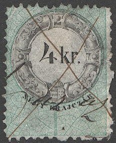 HUNGARY 1868 Barefoot 5, 4kr Used Revenue, Perf 9-1/2 on Pelure paper VF