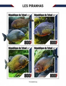 Chad - 2020 Piranha Fish, Black Spot, Red-bellied - 4 Stamp Sheet - TCH200512a