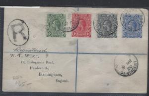 ST VINCENT  (PP1207B)   1920 KGV 1/2D-2 1/2D REG COVER TO ENGLAND