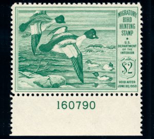 US RW16 $2 1949 Hunting Permit Stamp Goldeneye Ducks VF NH Plate 160790 single
