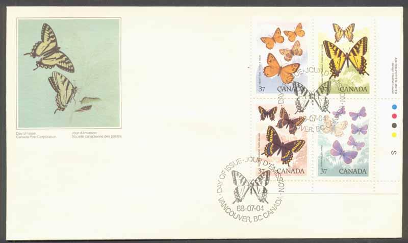 Canada ~ #1213a ~ Butterflies ~ Combo FDC Plate Block