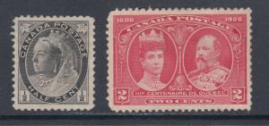 Canada Sc 74, 98 MNG. 1898 ½c black & 1908 2c carmine, no gum, sound & F-VF