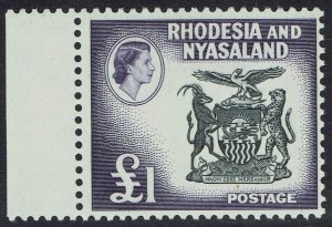 RHODESIA AND NYASALAND 1959 QEII ARMS £1 MNH **