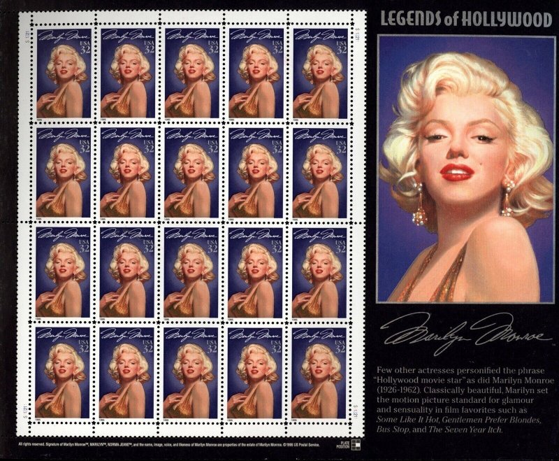 US Scott 2967 Marilyn Monroe Pane of 20 Mint Never Hinged  