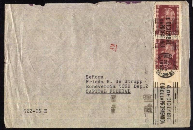 AARG-63 ARGENTINA 1952  COVER EVA PERON ISSUE,METER CANCELATION PROPAGANDA DAY