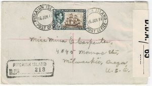 Pitcairn Island 1944 registered cover to the U.S., censored in New Zealand