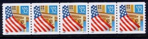 2914 32c Flag Over Porch, Coil Plate #  S11111  Strip of 5 WA, Mint NH OG  VF