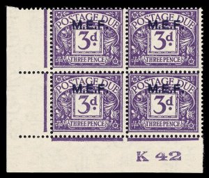 BOFIC - 1942 KGVI MEF 3d Postage Due MNH/MLH Control K42 block of four. SG MD4