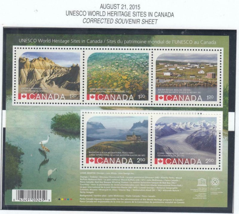 CANADA # 2844 & # 2857 RECALLED AND NORMAL UNESCO WORLD HERITAGE SITES S/SHEETS