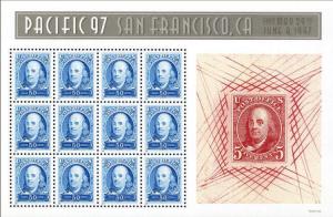 1997 50c Pacific 97, Benjamin Franklin, Sheet of 12 Scott 3139 Mint F/VF NH