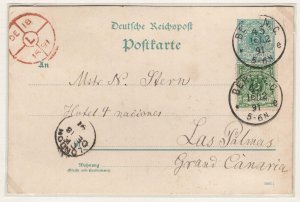 GB 1891 5pf postal card from Berlin to the Canaries via London with fine Londo