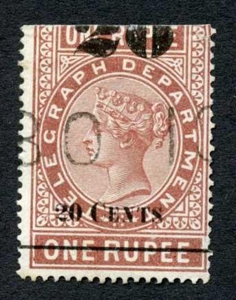 Ceylon Telegraph SGT37 20c on 1r Red-brown Type T32 (19mm) Bottom Half 