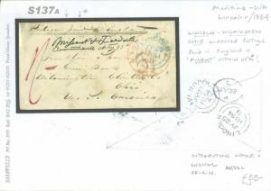 S137a 1854 GB MARITIME Lincoln Transatlantic Mail via Liverpool/Ohio MISSENT USA