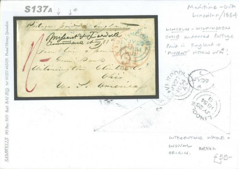 S137a 1854 GB MARITIME Lincoln Transatlantic Mail via Liverpool/Ohio MISSENT USA