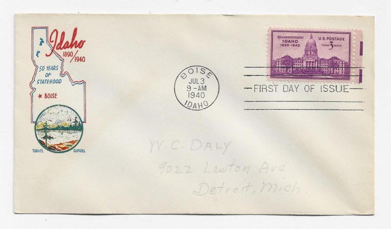 US 896 (Me-2) 3c Idaho Statehood single on FDC Gundel Cachet ECV $75.00