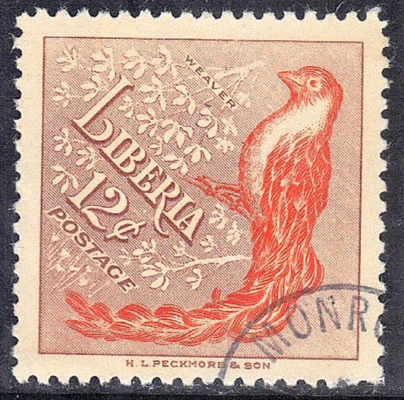 LIBERIA SCOTT# 346  CTO HINGED  12c  1953  WEAVER  SEE SCAN