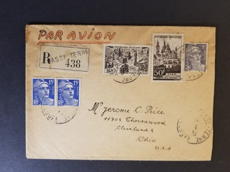 1952 Guadeloupe Cleveland Ohio USA Registered Franking Advertising Airmail Cover