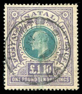 Natal #97 (SG 143) Cat£130, 1902 £1 10sh violet and blue green, neatly cancelled