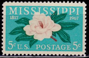United States, 1967, Mississippi Statehood - Magnolia, 5c, sc#1337, MNH