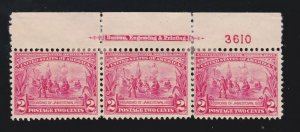 US 329 2c Jamestown Exposition Mint Top Plt #3610 Strip of 3 VF OG H SCV $105