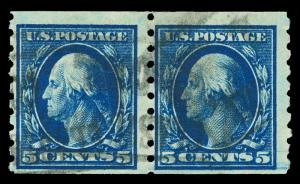 Scott 396 1913 5c Washington Perforated 8½ Coil Issue Used Pair F-VF Cat $190