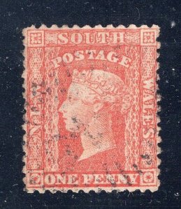 New South Wales 1860 QV 1p Red Perf 12 X 13 FVF Used #35b CV$2400