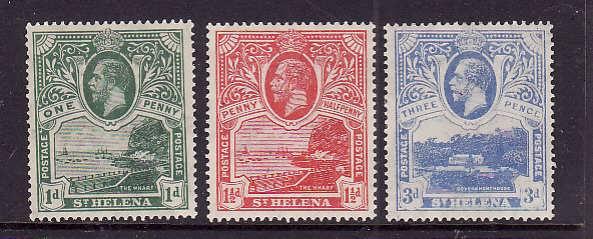 St Helena-Sc#75-77-unused hinged og set-The Wharf-Government House-KGV-1922-