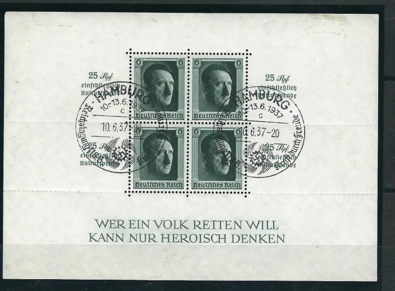 Germany B104 Mi Blk 9 Hitler Birthday Hamburg Cds 1937 VF SCV $70.00