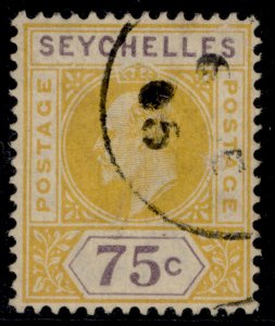 SEYCHELLES EDVII SG54, 75c yellow & violet, USED. Cat £40.