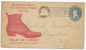 US ADV Cover Postal Stationery Scott #U300 Grain Shoes Boston, MA 1891