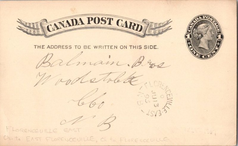 Canada 1c QV Postal Card 1895 Florenceville East, N.B. split ring to Woodstoc...