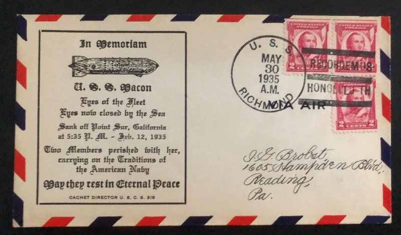 1935 USS Richmond USA Cover Macon Airship ZRS5 Airmail Zeppelin Memorial Day