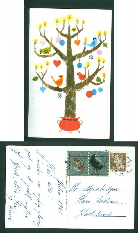 Denmark. Christmas Card 1965. 2 x Seal + 40 Ore. Ringsted. Tree, Candles, Birds.