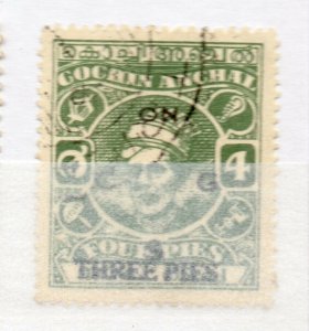 India Cochin 1944 Early Issue used Shade of 3p. Surcharged Optd NW-16122