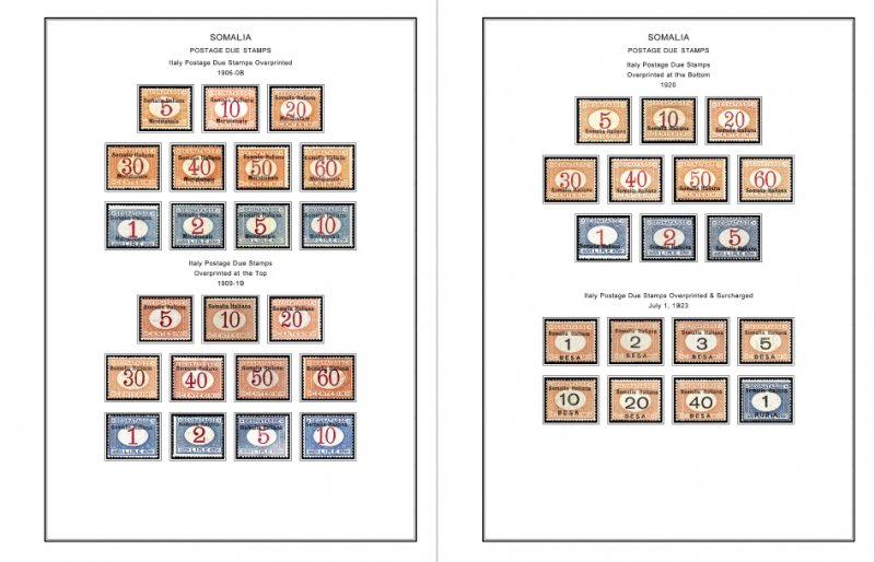 COLOR PRINTED ITALIAN SOMALIA 1903-1960 STAMP ALBUM PAGES (45 illustrated pages)