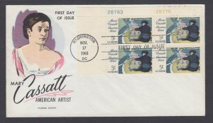 US Mel 1322-15 FDC. 1966 Mary Cassatt, Plate Block, Fluegel Color Cachet