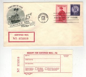 1955 CERTIFIED MAIL FA1 FDC WITH MAILING LABEL AND RECEIPT ARTCRAFT