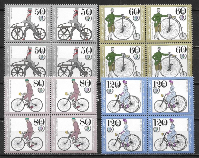 Germany B630-33 Antique Bicycles set Blocks of 4 MNH