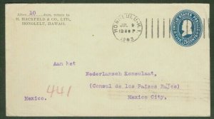 HAWAII 1903, 5¢ U.S. envelope tied Honolulu to MEXICO (bkstp), VF